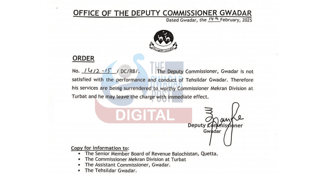 Notification of DC Gwadar of Tehsildar removal
