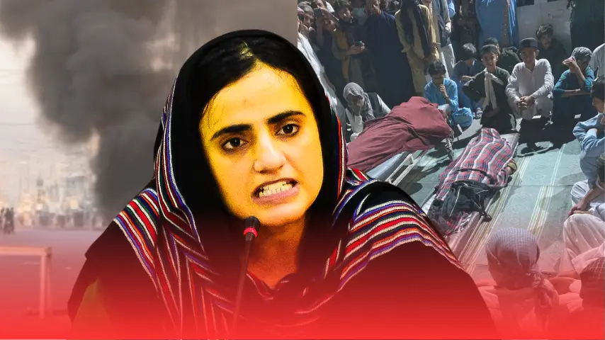 Dr Mahrang Baloch- and behind protester's dead bodies- Photo source- Social media